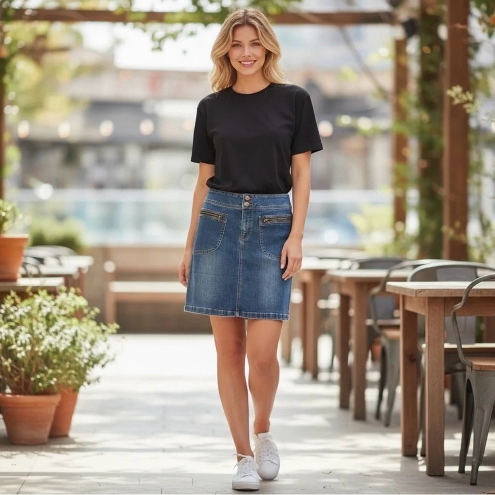 PRANA Organic Denim Front Patch Pockets Broadway Skirt Size 0 NWT